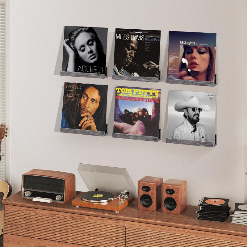 ELITEROO Record Holder Wall Mount Set of 6, 12 in Floating Shelves for Vinyl Records, Wood Record Shelf Display for CDs, Album, Art Works Storage, Daily LP Listening in Office Home, Gray - Image 2